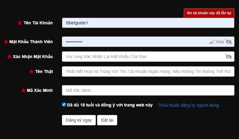 Bước 2: Điền đầy đủ thông tin đăng ký i9bet