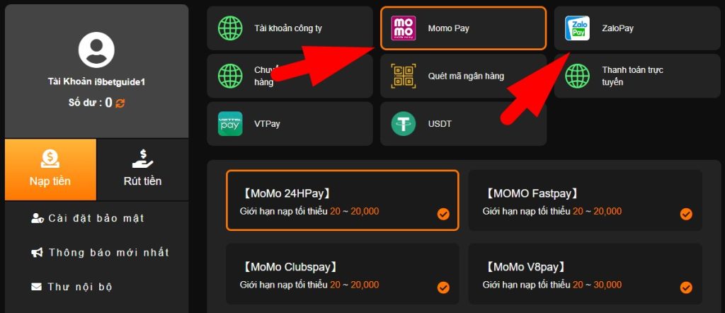 Hướng dẫn nạp tiền i9bet bằng hình thức ví điện tử